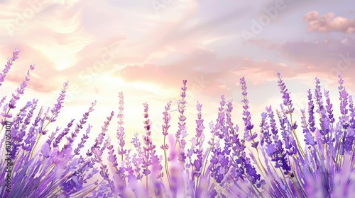 Soft watercolor artwork depicting a field of lavender swaying in the breeze under a pastel sky