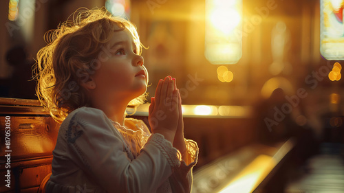 Young baby girl pray in church Christian life crisis prayer to god. Children Hands praying to god with bible on sunlight glare.