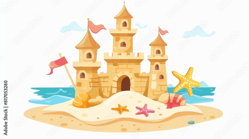 Cartoon sandcastle on summer sea beach. Isolated sandcastle icon for vacation activity. Travel sculpture with flag and starfish clipart set. Child palace modern.