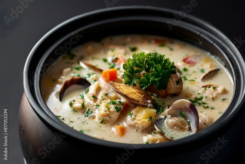 Savory bowl of seafood stew with clams and lemon