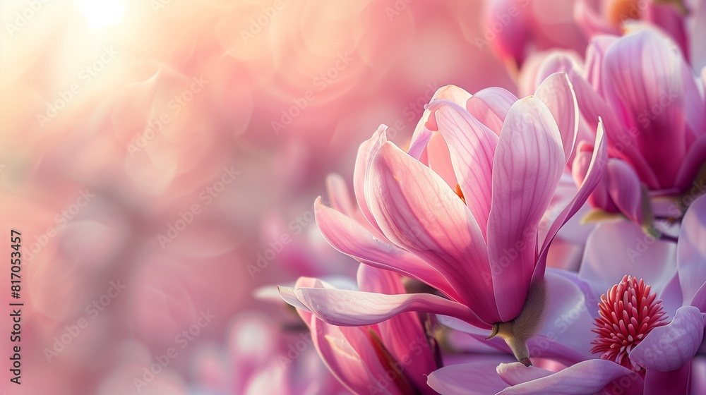 Magnificent magnolia flowers in close-up with fantastical colors. Full-blown magnolia flower in macro, magical light Space for text.