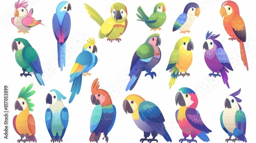An adorable set of cartoon parrot characters. Different colorful friendly exotic bird species with multicolored feathers on their stories  wings and beaks. Animals and pets from the jungle.