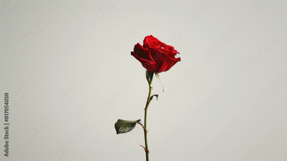 A lone red rose standing out against a pure white backdrop A lone red rose standing out against a pure white backdrop