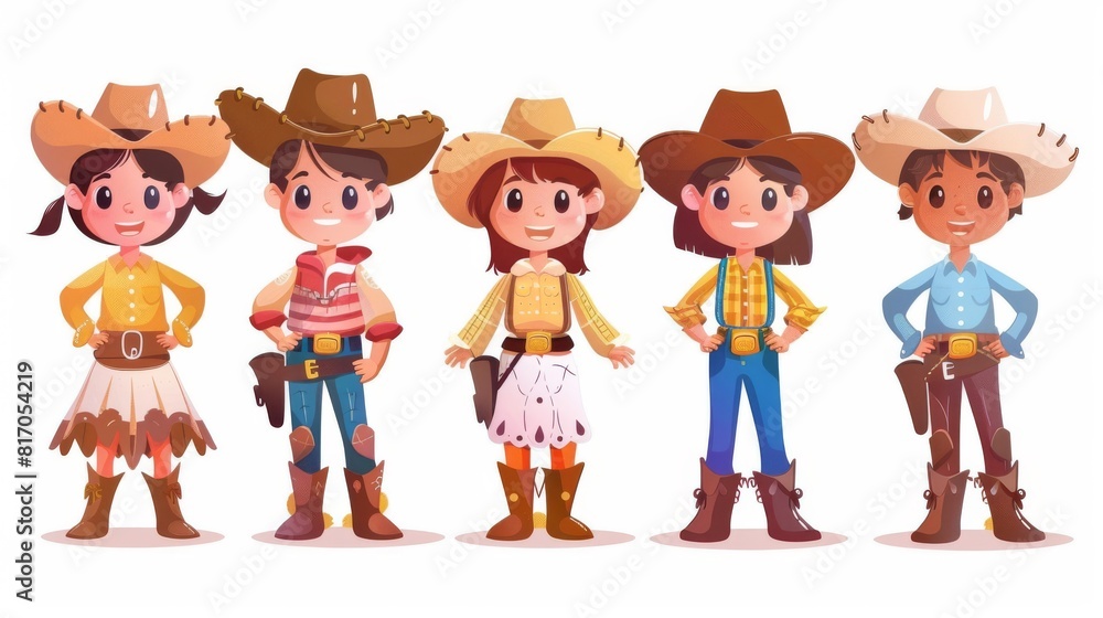 Animated western cowboy cartoon. Happy west children for a saloon game. Ranch costume for fantasy theatre spectacle or kindergarten performance. Isolated country dress and belt. Animated western cowboy cartoon. Happy west children for a saloon game. Ranch costume for fantasy theatre spectacle or kindergarten performance. Isolated country dress and belt.