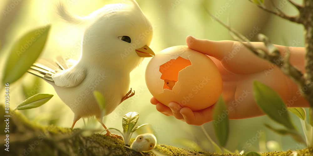 Eggshell: A mother bird tenderly feeds her young, her delicate touch embodying nurturing love. Eggshell: A mother bird tenderly feeds her young, her delicate touch embodying nurturing love.