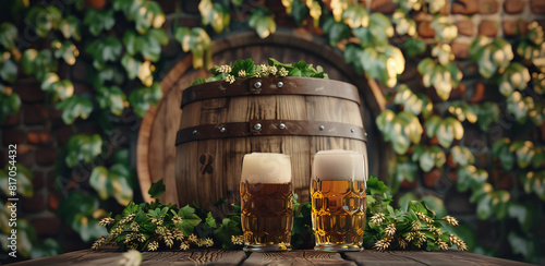 Banner background Craft Beer Assortment with Fresh Hops and Wooden Barrel in Rustic Brewery Setting.