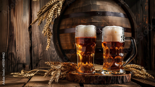 Banner background Craft Beer Assortment with Fresh Hops and Wooden Barrel in Rustic Brewery Setting.