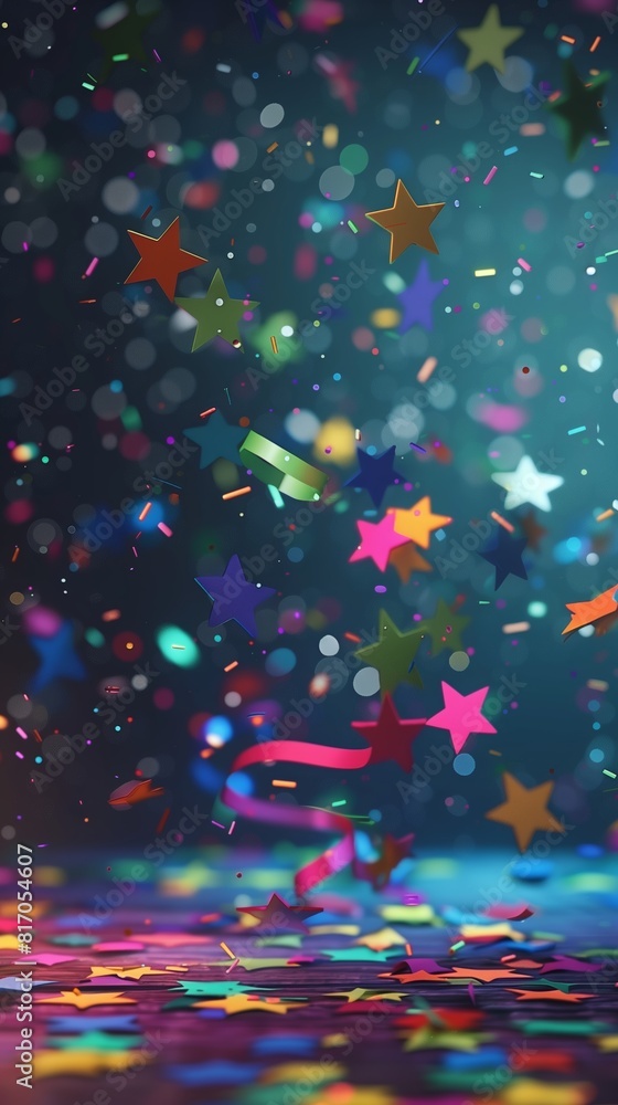 3D Party Background: Confetti Stars and Ribbons Falling on a Blurred Dark Background - Happy Party Mood, Vertical Orientation 3D Party Background: Confetti Stars and Ribbons Falling on a Blurred Dark Background - Happy Party Mood, Vertical Orientation