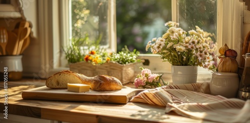 A kitchen counter with a wooden board holding bread  and butter  surrounded by fresh flowers in front of an open window.
