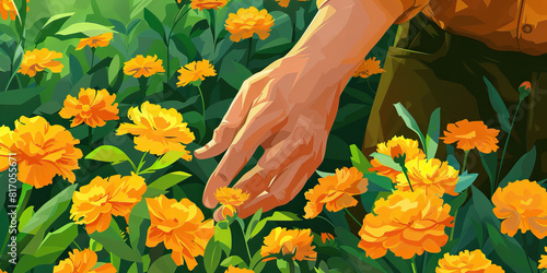 Marigold: A farmer tenders to their crops, their hands moving with the rhythm of life