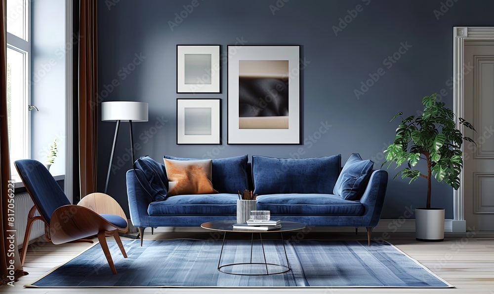 A cozy living room with a blue couch, chair, and Coffee Table, Modern Living Room Poster Frame Mockup in the Wall A cozy living room with a blue couch, chair, and Coffee Table, Modern Living Room Poster Frame Mockup in the Wall