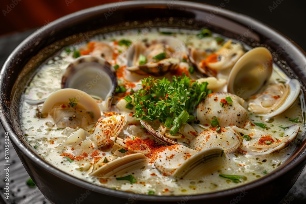 Warm and inviting bowl of seafood stew with clams and herbs Warm and inviting bowl of seafood stew with clams and herbs