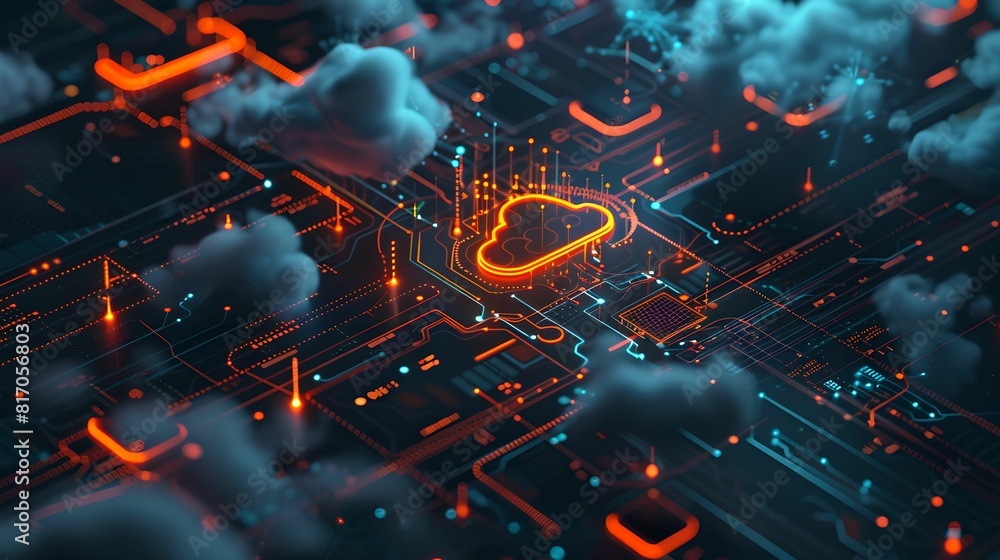 Digital Illustration of Serverless Technology in Hybrid Cloud Network