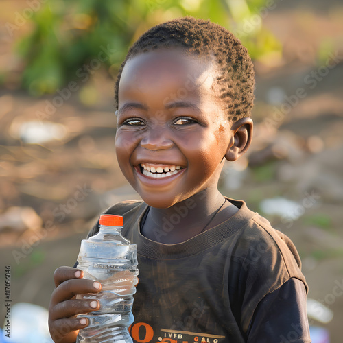 Pequeño Niño Africano inocente sujetando una botella de agua con una sonrisa. Gratitud y Esperanza!  photo