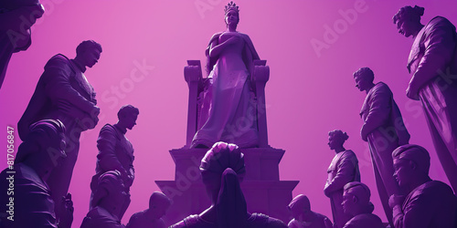 Royal Purple: A queen stands proudly atop a throne, her subjects bowing before her in reverence