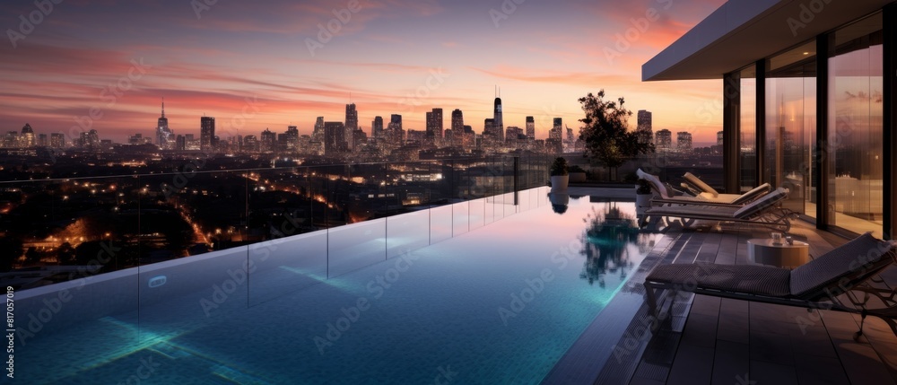 Naklejka premium Luxury pool overlooking city skyline at sunset