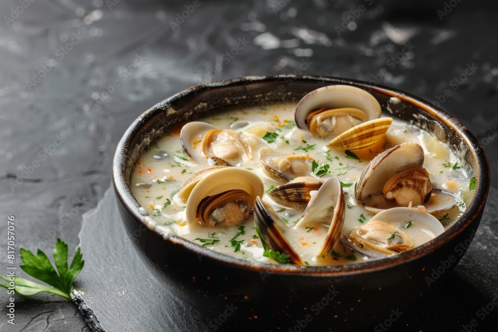 Savory bowl of clam chowder filled with tender clams and herbs