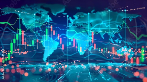 Detailed Stock Market Graph on Digital World Map photo