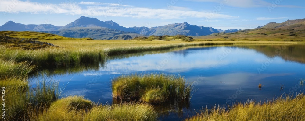 mountain reflections on a lake next to grassy patch. mountain reflections on a lake next to grassy patch.
