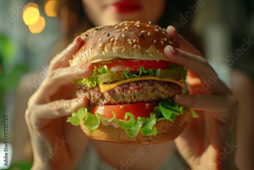 Woman large juicy hamburger hands blurred background. Unhealthy fast food. High calories. High-carbohydrate. Cutlet, tomato, lettuce, wheat bun with sesame seeds. On a diet. Bulimia, eating problems 