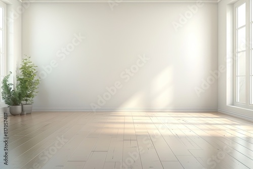 Minimalist Empty Room with White Walls Background, House Plant on Wooden Floors.