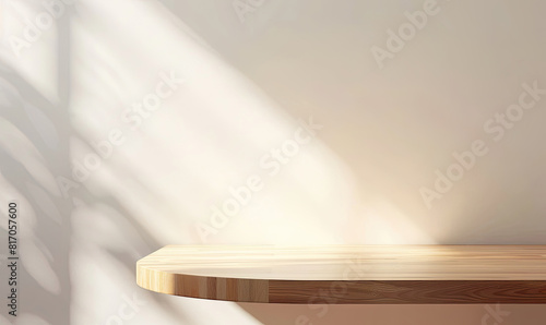 Empty Wooden Table Counter Podium in Front of White Wall, Beautiful Sunlight with Shadow on the Wall.