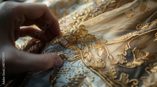 A person holds a gold embroidered dress in their hands.