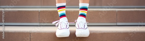  Legs with different pair of socks and white sneakers standing 