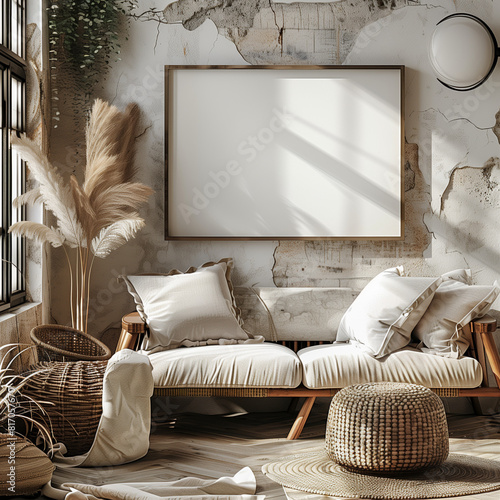 Mock up of white minamilist bright living room to hang art work, 
wooden frame, mockup photo for a horizontal poster print, mpty black frame , living room, beige colors