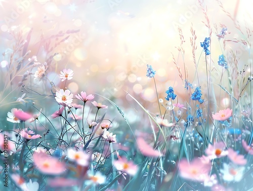 Beautiful spring meadow background with delicate wild flowers, soft blue and pink pastel colors, blurred grass in the foreground, detailed illustration, hd, realistic