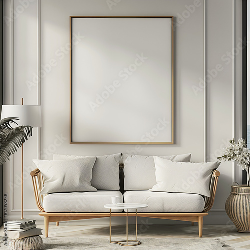 Mock up of white minamilist bright living room to hang art work, 
wooden frame, mockup photo for a horizontal poster print, mpty black frame , living room, beige colors photo