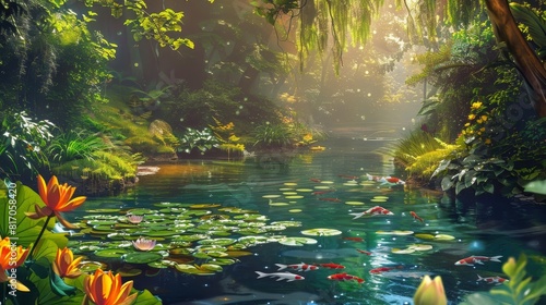 Luminous landscape with golden sunlight filtering through lush greenery and a tranquil stream with lilies and koi fish background photo