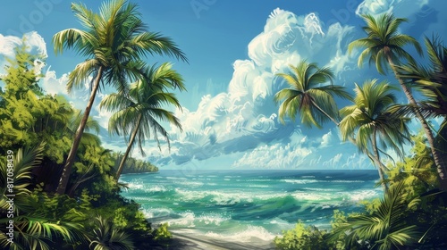Vibrant backdrop with palm trees against azure skies and crystalline waters background