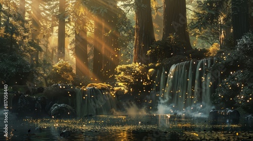 Enchanting composition with mist redwoods waterfalls golden sunlight and fireflies background