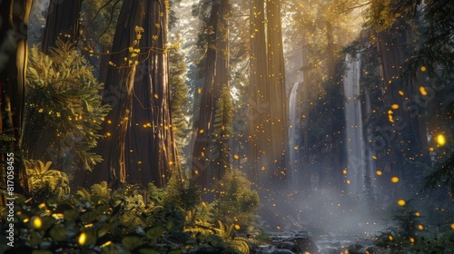 Mist weaving through redwoods and waterfalls punctuated by golden sunlight and fireflies background