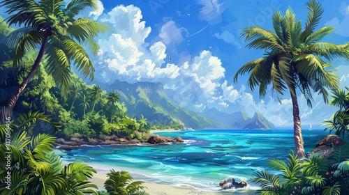 Lush palm trees sway against azure skies and crystalline waters evoking a tropical paradise background