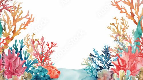 Watercolor painting coral reef ocean theme frame border.