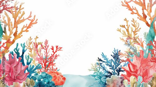 Fototapeta Naklejka Na Ścianę i Meble -  Watercolor painting coral reef ocean theme frame border.