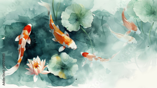 Watercolor painting of several koi fish swimming in a pond with a lily pad