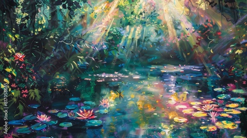 Landscape with sunlight filtering through lush foliage onto a tranquil pond adorned with lilies and dragonflies background