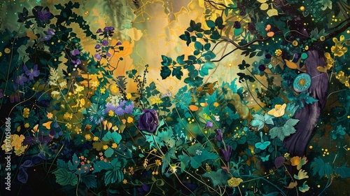 Intertwining vines and blossoms in emerald and amethyst punctuated by sunlight and fireflies background