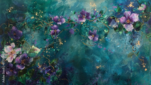 Dynamic composition with vines and blossoms in shades of emerald and amethyst punctuated by sunlight and fireflies background
