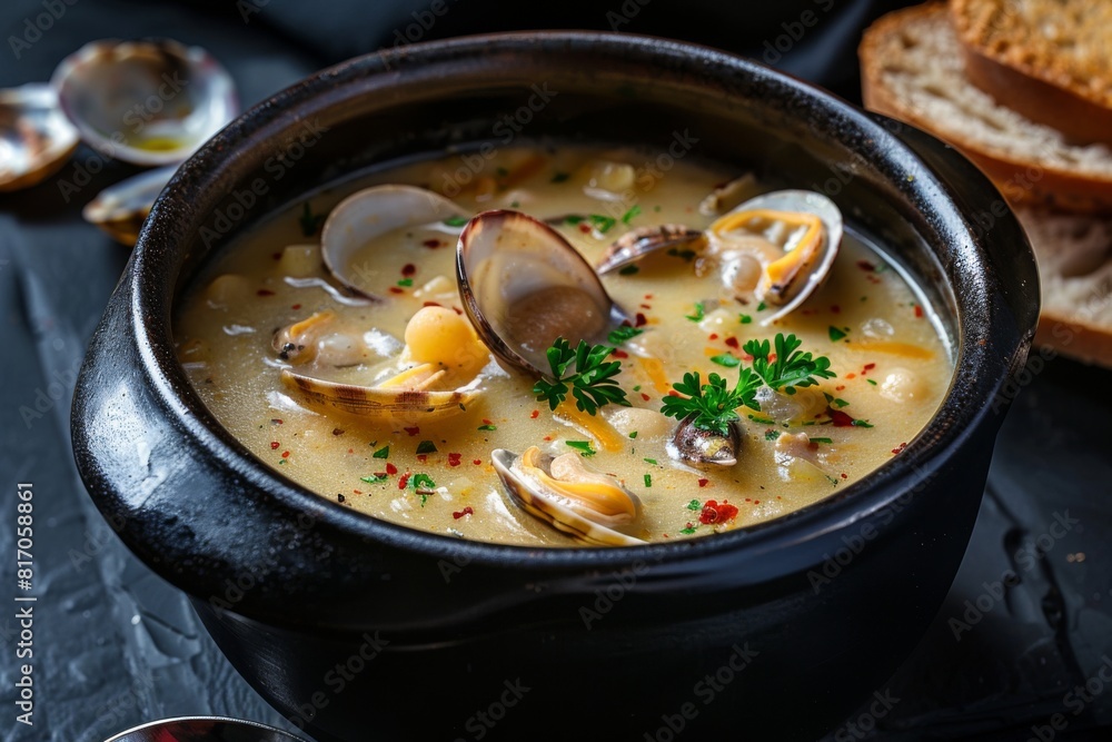 Classic dish of clam chowder filled with fresh parsley and lemon Classic dish of clam chowder filled with fresh parsley and lemon