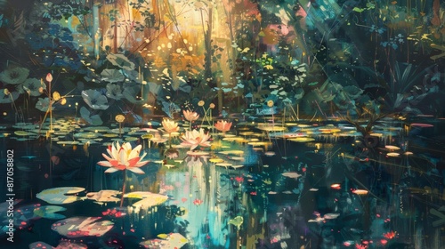 Radiant landscape with sunlight filtering through foliage onto a tranquil pond with lotus blossoms and dragonflies background