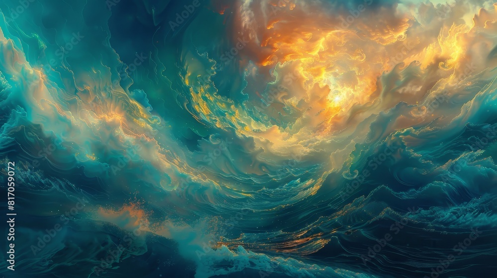 Surreal teal vortexes golden light ethereal energy storm at sea background