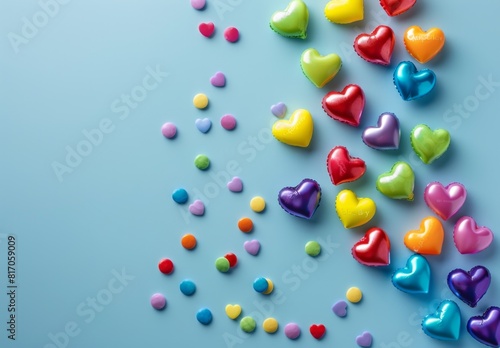 rainbow hearts and candy on light blue background, pride month concept Generative AI