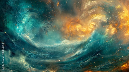 Surreal teal vortexes golden light ethereal energy sea storm background