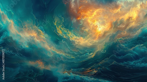 Surreal teal vortexes golden light ethereal energy storm at sea background