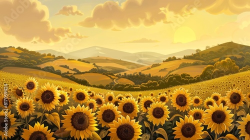 Sunflower fields hills mountains in golden light background