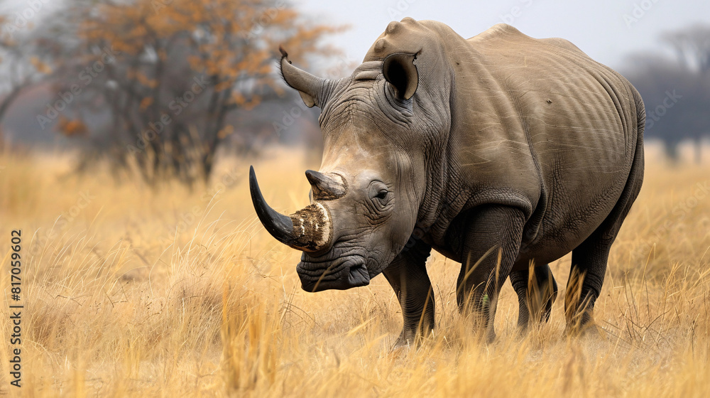 Obraz premium Rhino in savannah. A majestic rhino standing in the dry savannah with trees in the background. AI generative.